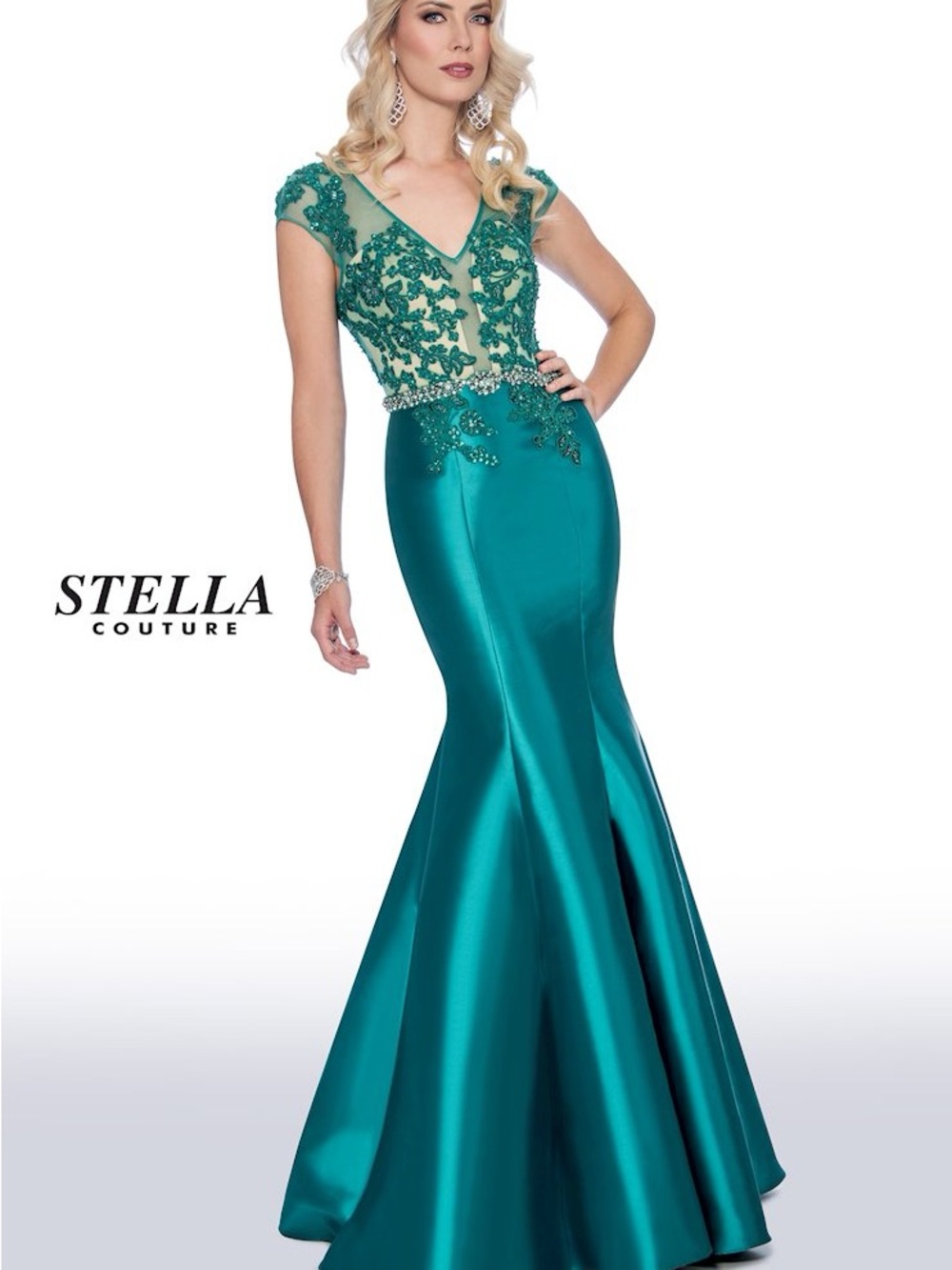 Stella Couture Teal Embellished V-Neck Mermaid Gown